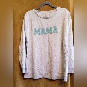 MAMA Long Sleeve Pullover Sweatshirt - Light Gray with Aqua Letters